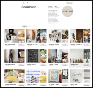 Scoutmob’s business profile. Notice that they have a clear description, a logo, and several boards that speak beautifully to their business.