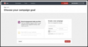 When you run a campaign, you’ll need to choose your goal: boost engagement or get traffic. Image credit: Pinterest.