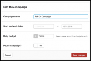 This is where you’ll enter your campaign details, like name, run dates, and daily budget. Image credit: Pinterest.